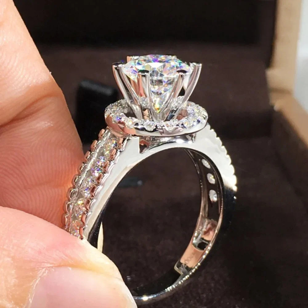 🎀 Engagement RoundDiamond Bling Anillos Silver Dainty Wedding Ring, UNVN12128